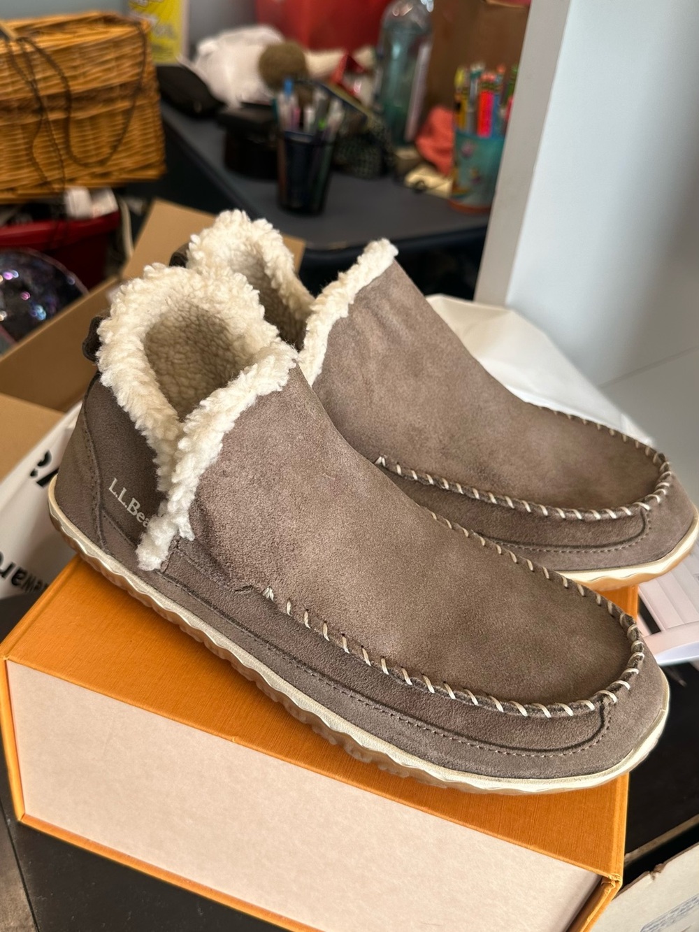 L.L. Bean Taupe Suede Shearling-Lined Slip-On Moccasins